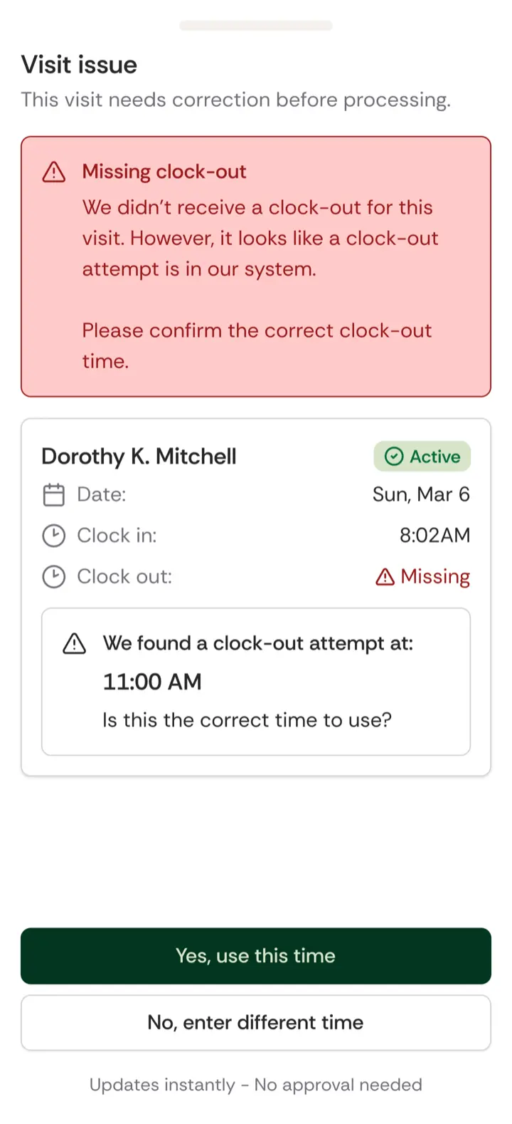 Confirming a visit's clock-out time in the Brevy app