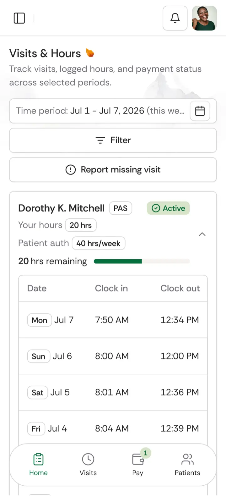 The Brevy app's Visits & Hours screen