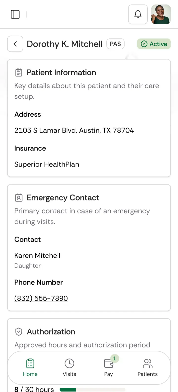 A patient's information and care details in the Brevy app