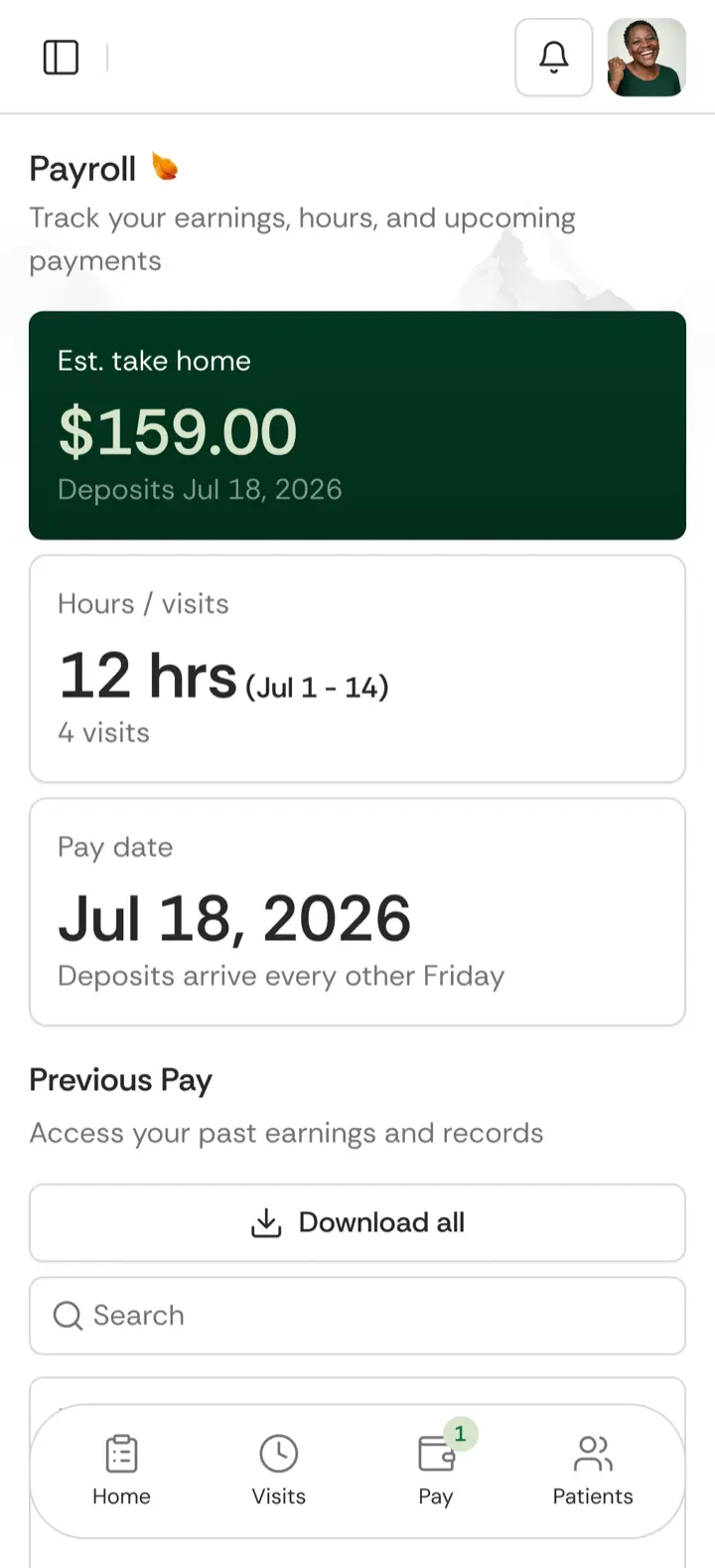 The Brevy app's Payroll screen showing estimated take-home