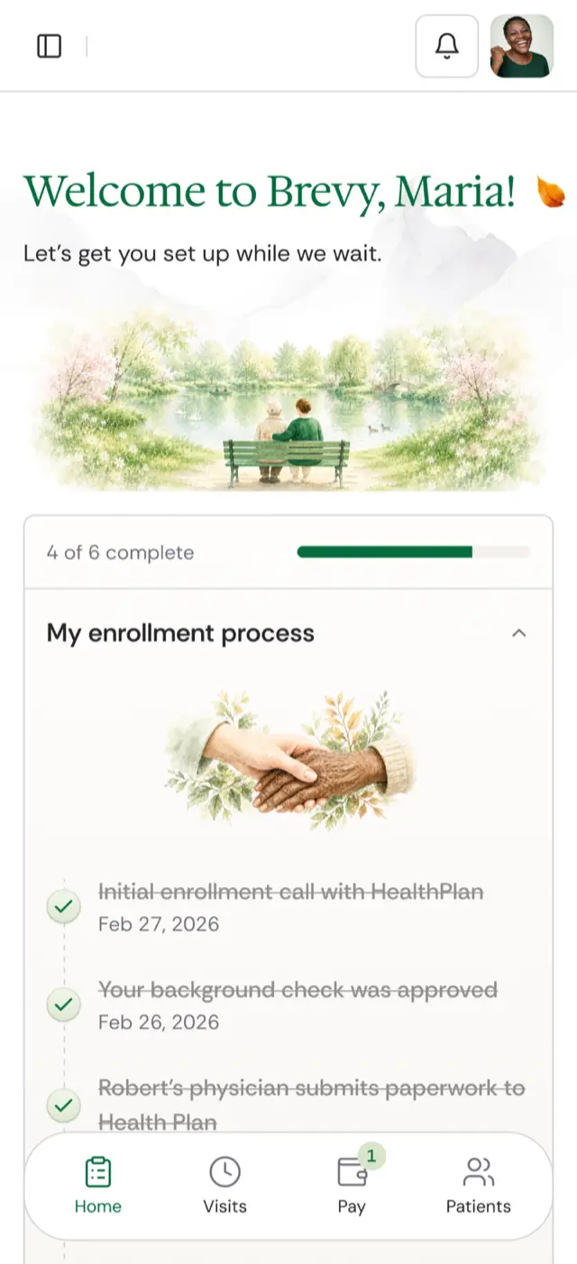 The in-app enrollment checklist in the Brevy app
