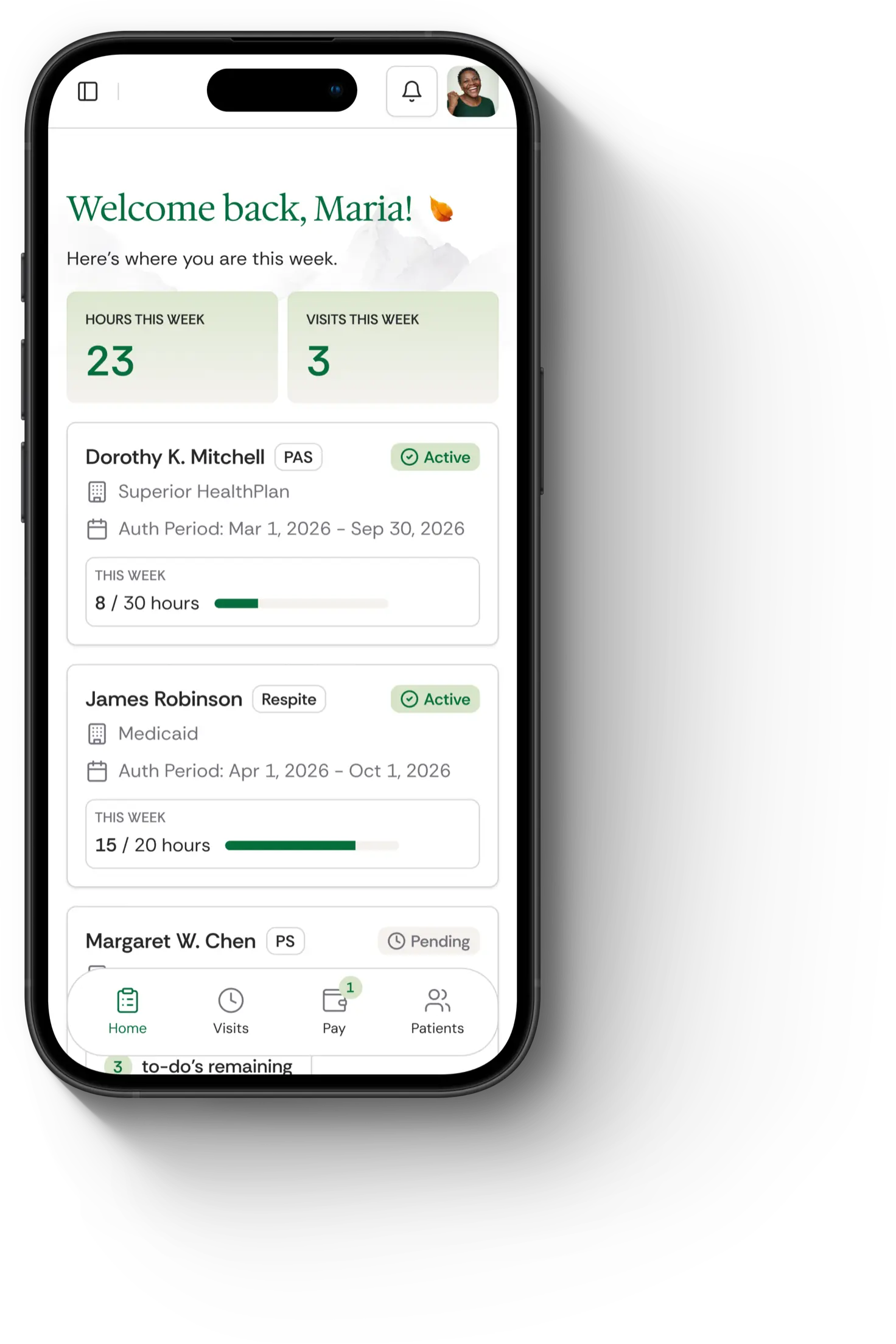 The Brevy app's home screen, with this week's hours and visits and each patient's progress