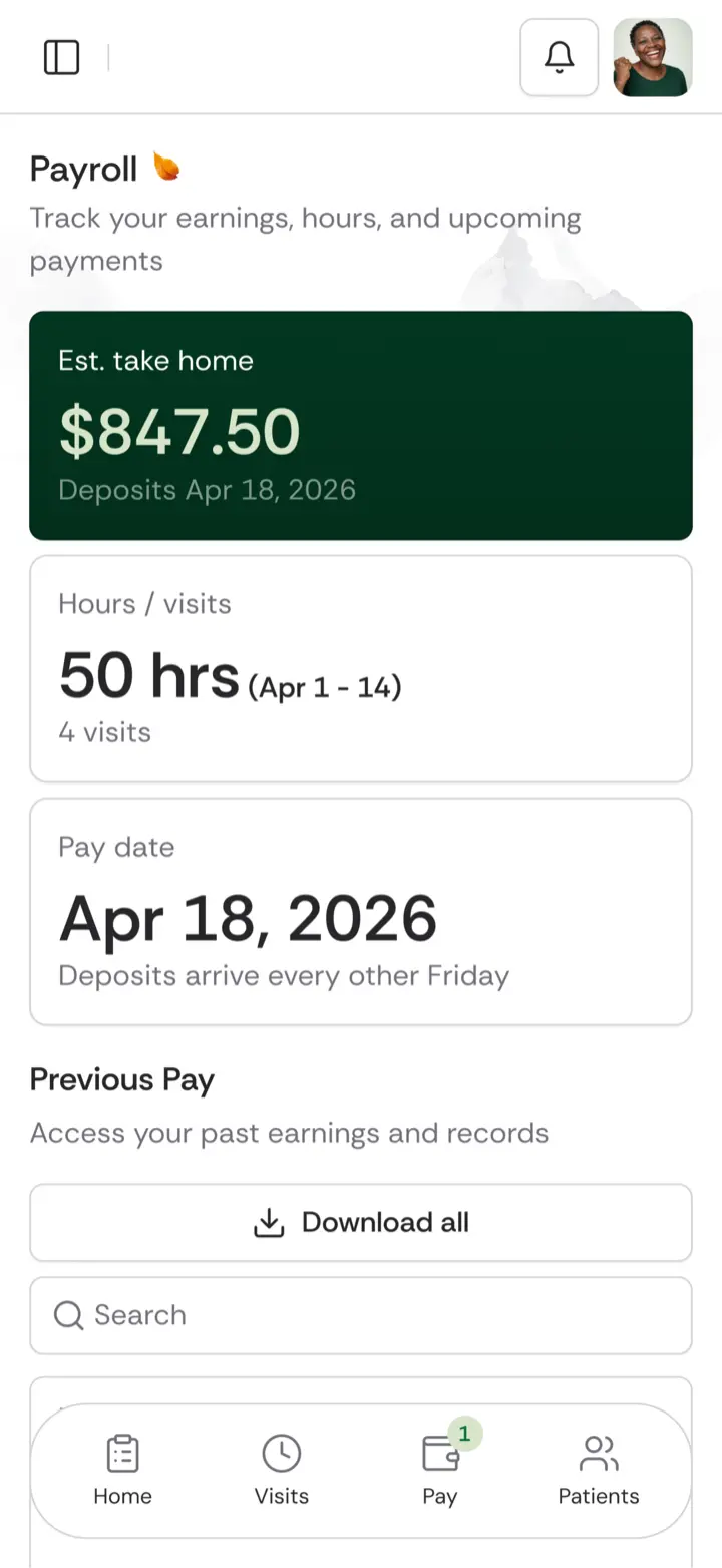 The Brevy caregiver app showing estimated take-home pay, hours worked, and the next pay date
